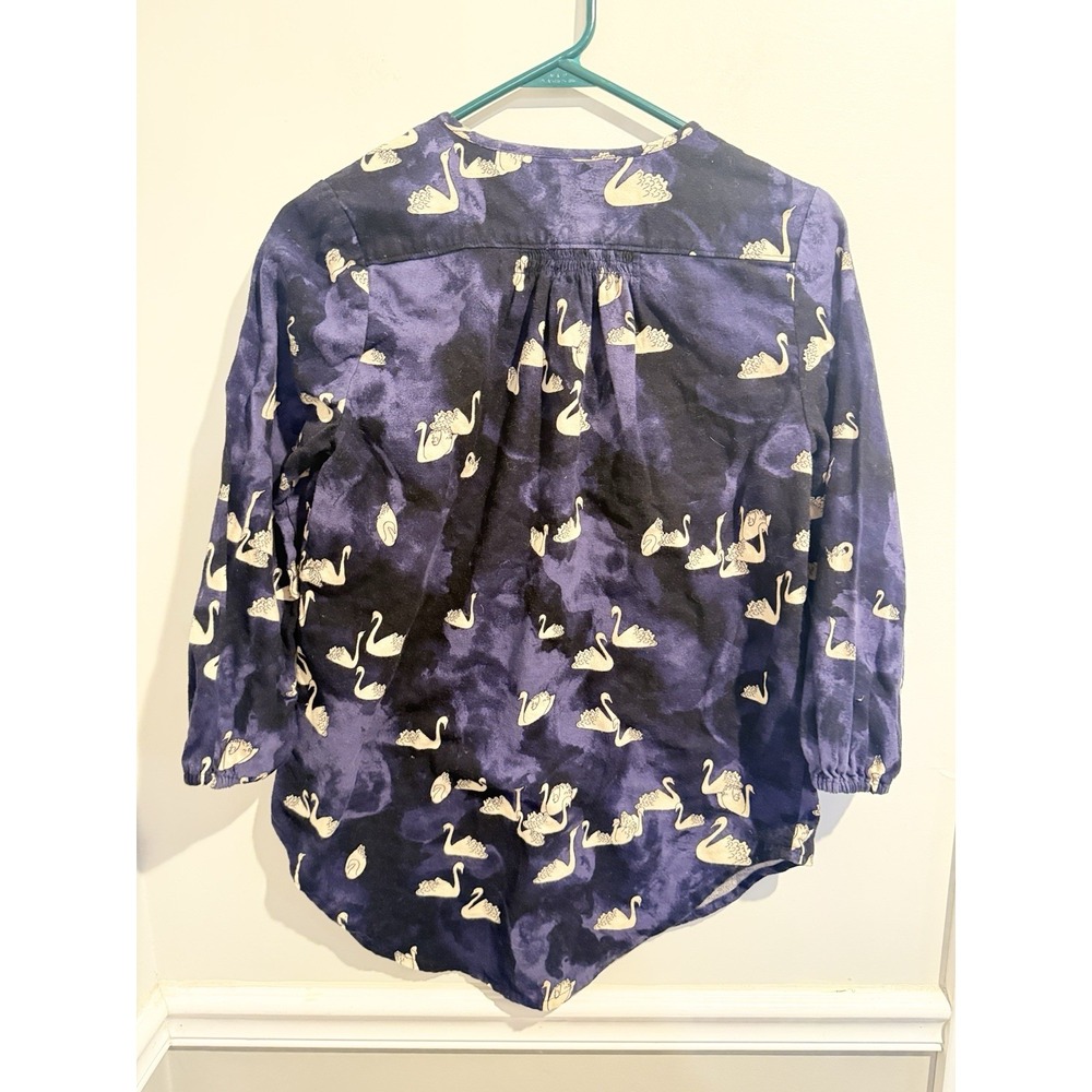 Maeve Anthro Bethesda Swan Print Flannel Top navy Blouse blue cream swan Sz XS - Picture 3 of 5